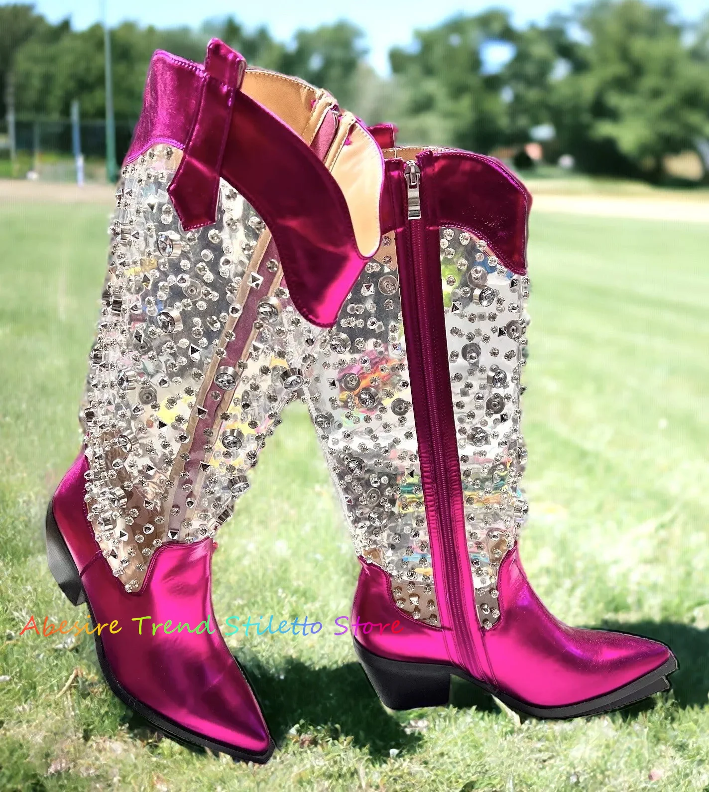 

Rhinestone Clear Chunky Heel Boots Pointy Toe Film Rivets Thick Heels Dancing Women's Boots Shinny Side Zipper Knee High Boots