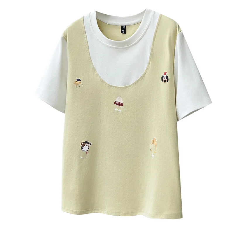

2026 Summer Plus Size Cotton T-Shirt Women Printed Fake Two Piece Color Block O-Neck Short Sleeve Tops For Curvy Ladies 979
