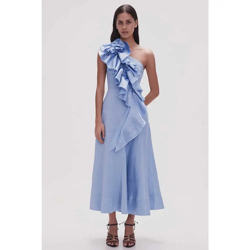 YUNLAN Gorgeous Sky Blue Satin One Shoulder Sleeve Cocktail Ball Dress 2024 Women Wedding Guest Ruffle Midi Dress Party Dress