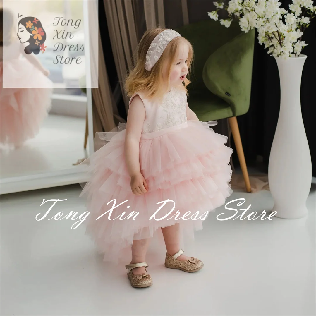 Light Pink Flower Girl Dress For Wedding Tulle Applique Sleeveless Layered Kids Birthday Party First Communion Ball Gowns