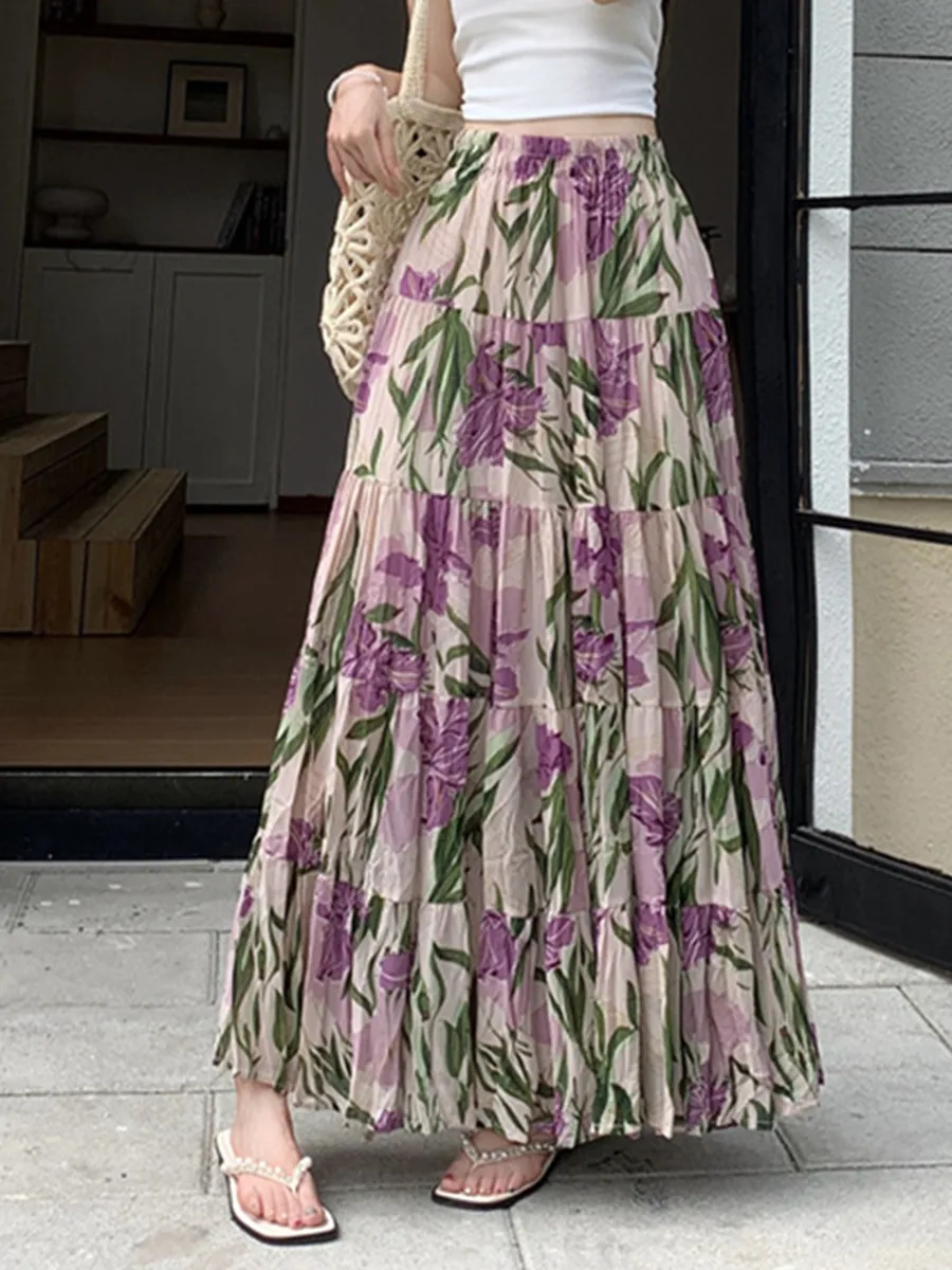 Elegant High Waist Pleated Chiffon Skirt for Women Romantic Purple Print Maxi Skirt Summer 2026