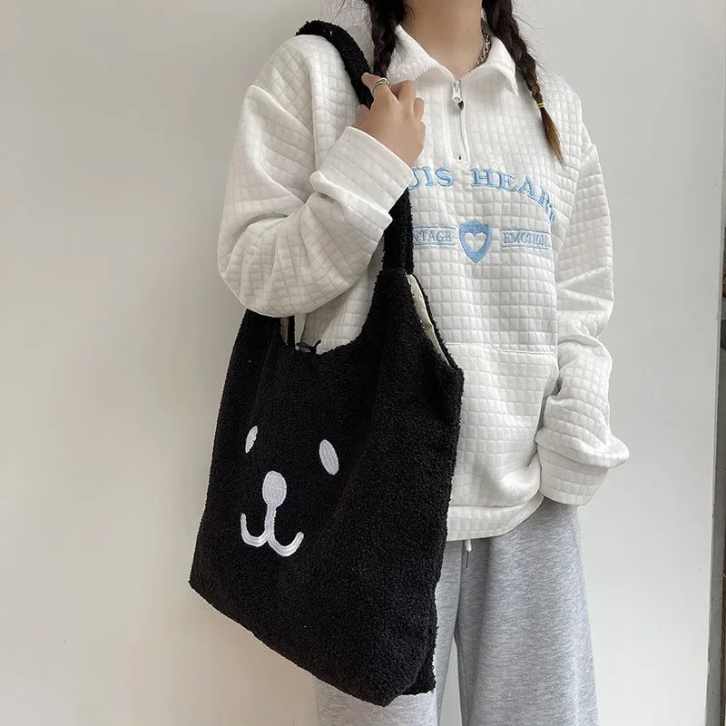 Fuzzy Tote Bag Plush Smiling Face Large Capacity Soft Material Comfortable Shoulder Strap Cute Design Daily Carry-all Casual Ch