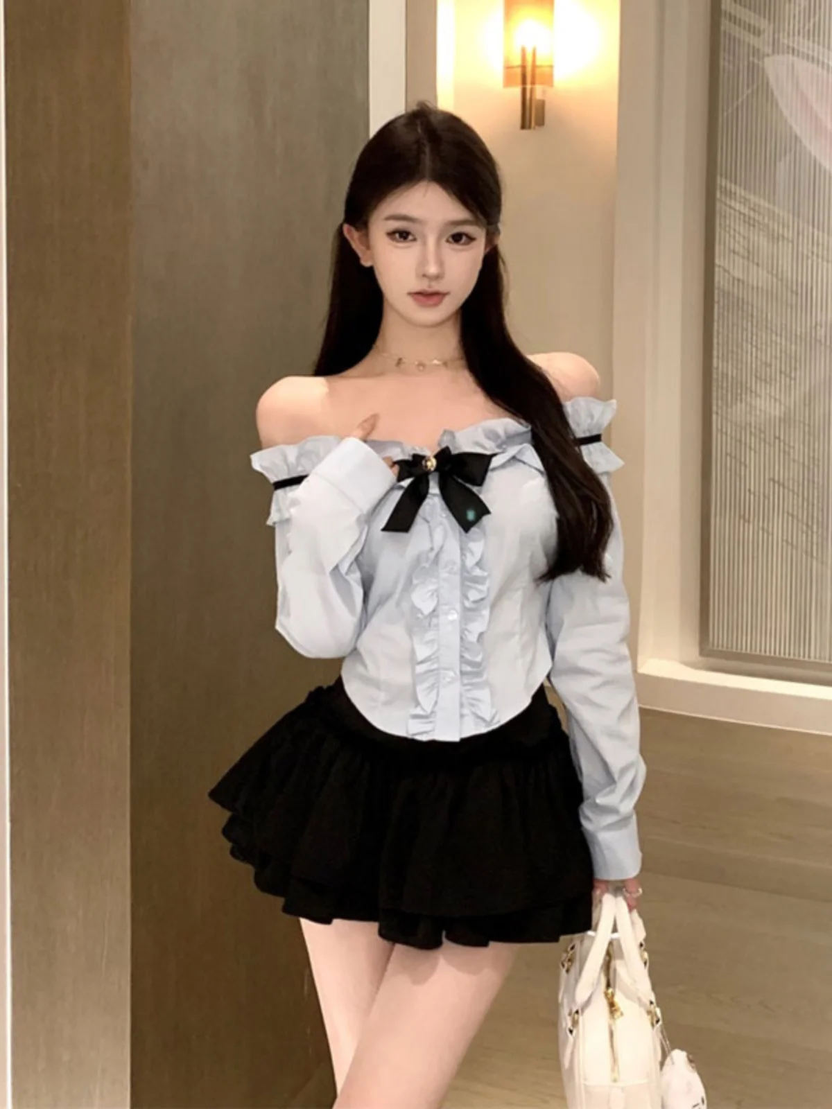 

Ele Unique Spring Faion Set with irt And Puffy Skirt One oulder Design High Quali Cotton ort Sve Women's Outfit