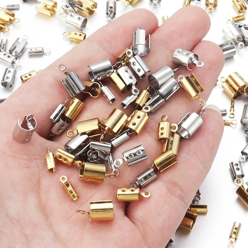1-5mm Stainless Steel Crimp End Beads Caps Leather Cord Clip Tip Fold Crimp Bead Bracelet Connectors For Jewelry Making