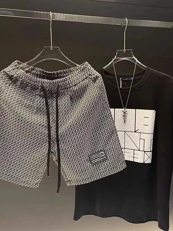 

Новые летние клетчатые мужские повседневные дышащие брюки «пять четвертей», свободные прямые брюки из двух предметов, универсальный комплект из полиэфирного волокна Sli