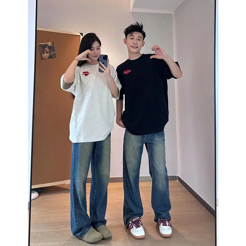 

Waed Vintage Straight Leg Jeans Men's Summer American High Street Wide Leg Pants Cool Couple Outfits Jeans Loose Fit Jeans