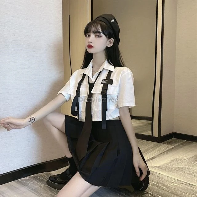 2024 Summer new Korean academy style women loose short cargo shirt tie shirt pleated shoirt skirt fashion two-piece jk set w749