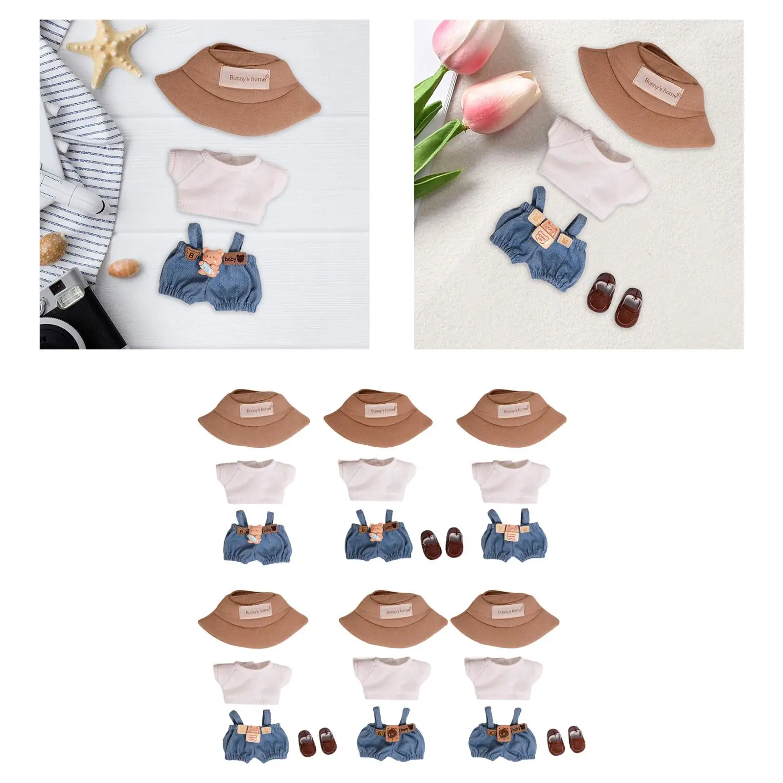 Vêtements beurre en peluche pour filles, 15cm, cadeaux pour filles, jeu de simulation, ensemble salopette en denim et chapeau doux