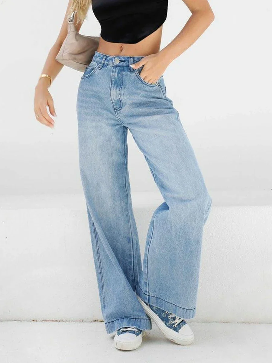 Women‘s Y2K Vintage Button High Waist Jeans Denim Long Trousers Casual Streetwear Aesthetic Loose Wide-Leg Pants with Pockets