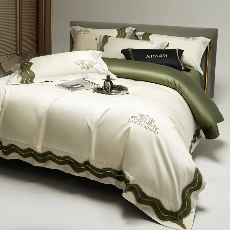 

Комплекты постельного белья с вышивкой, роскошный бежевый пододеяльник из египетского хлопка, простыня, наволочки, однотонный наматрасник