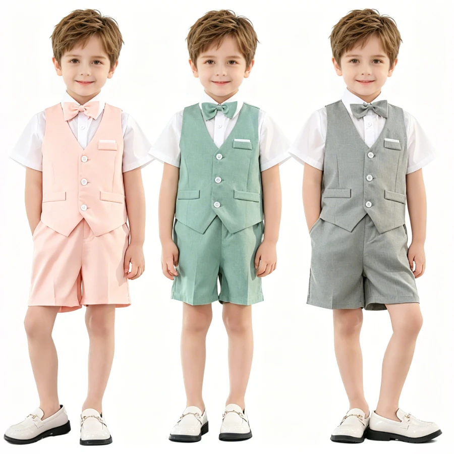 

Boys 3-Colors Vest Shorts Suit Set with Bow Tie, Kids Elegant Formal Outfit for Wedding, Party, Performance & Summer Daily Wear