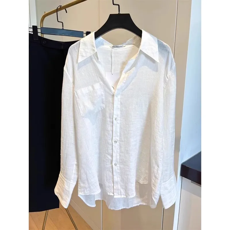 French White Cotton Linen Sunscreen Shirt For Women In Summer, Thin Design, Niche Long Sleeved Shirt, Tencel Linen Top