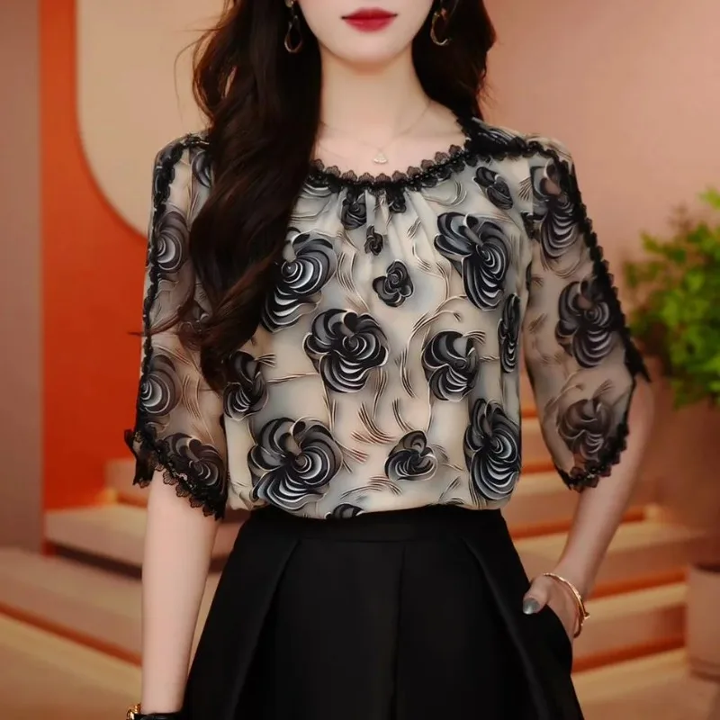 High-end estilo estrangeiro moda temperamento redução de idade impressão design camisa 2025 verão nova blusa feminina fina solta