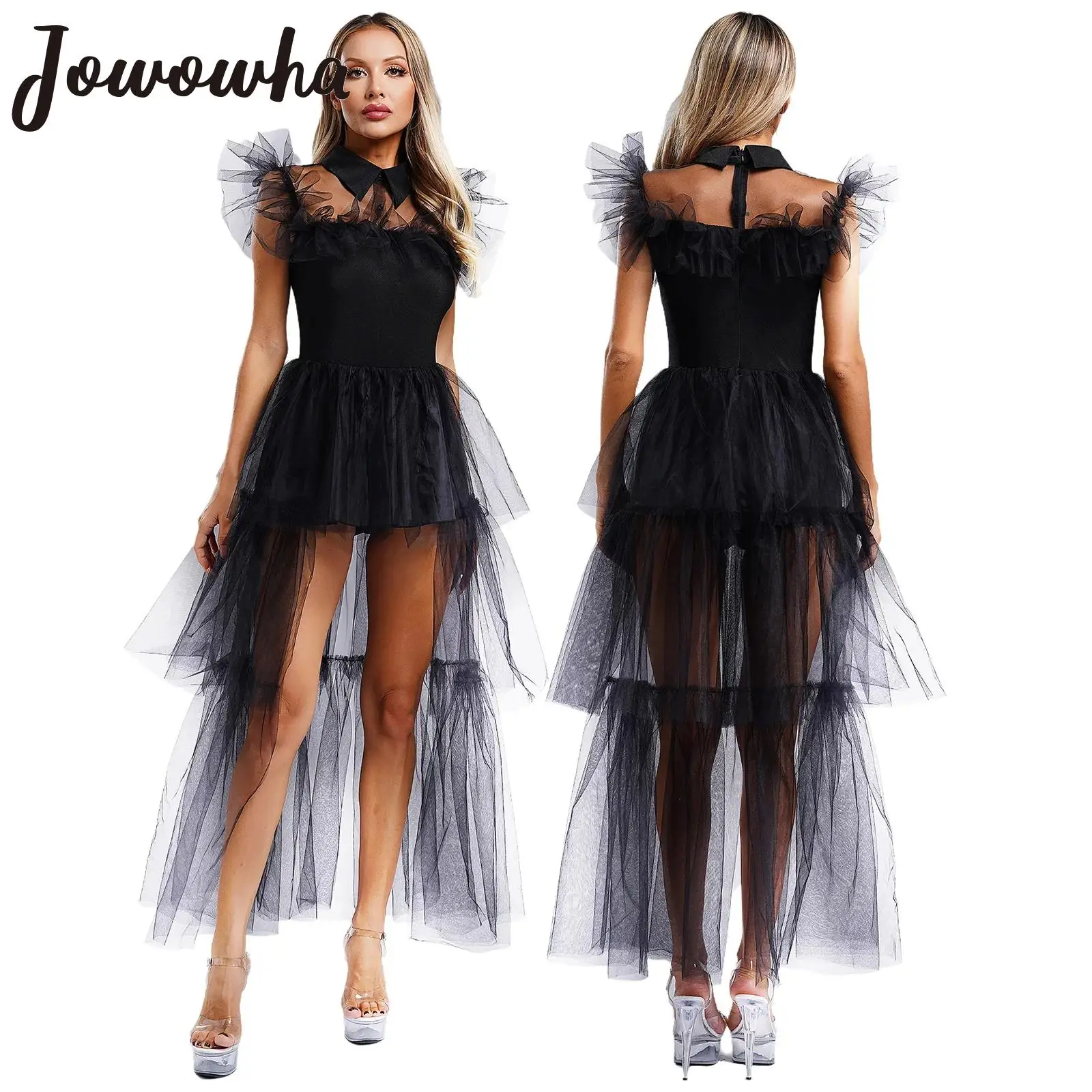 Womens Halloween Lolita Cosplay Costume Vintage Fly Sleeve Ruffled Tulle Overlay Tiered Dress with Belt for Carnival Theme Party