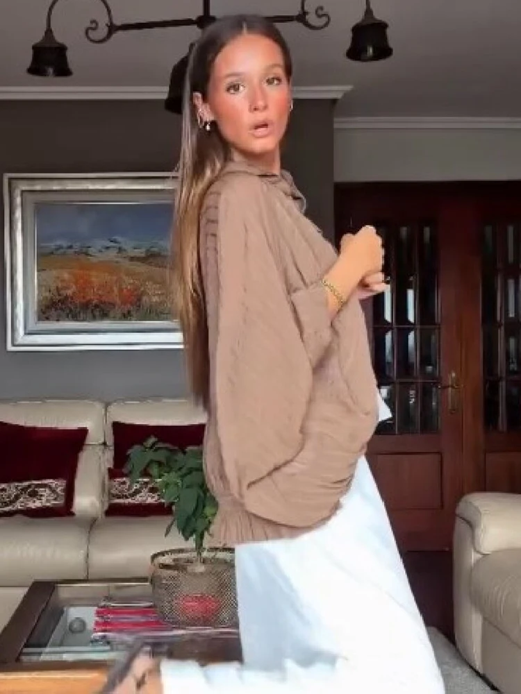Elegant Ruffle V Neck Tie Front Flowy Blouse Brown Batwing Lantern Long Sleeve Loose Shirt Women Chic Daily Vacation Street Wear