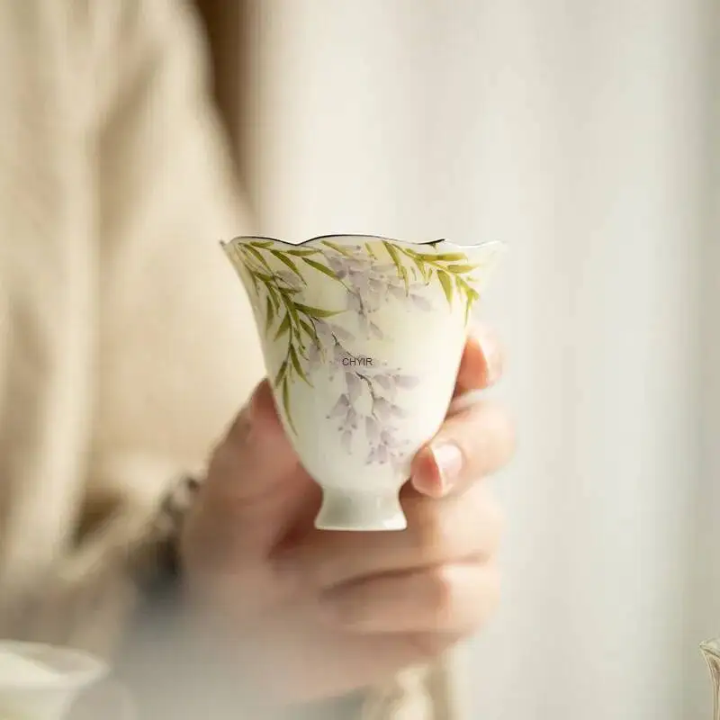 

Цветок глицинии, позолоченная серебряная чашка ручной работы, чашка для ароматов, чайный сервиз кунг-фу, керамический на высоких ножках