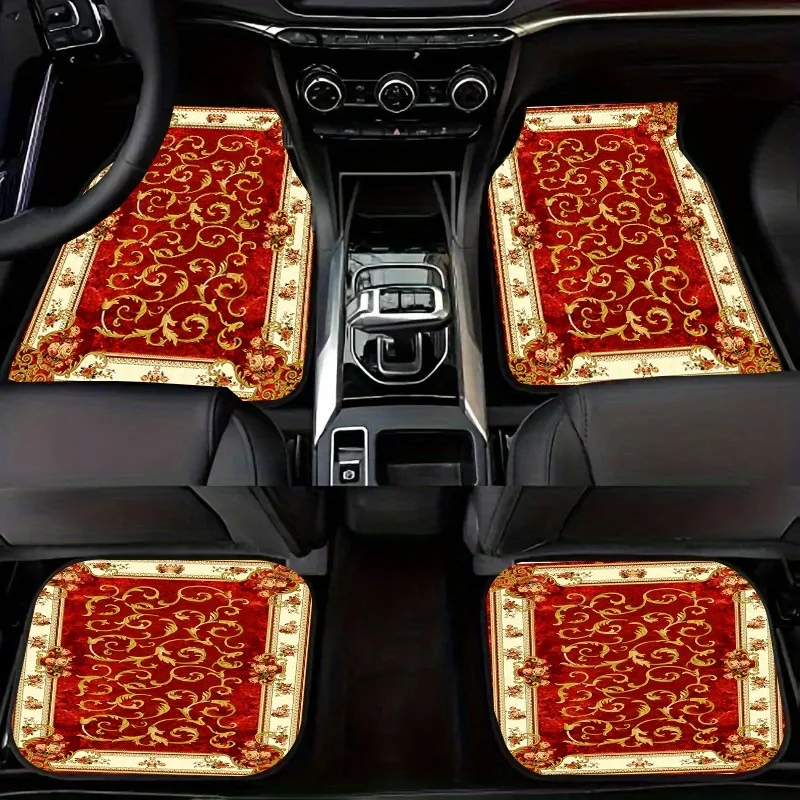 4pcs Red And Golden Spiral Pattern Car Floor Mats, Front And Rear Seat Protection, All-Season Fashionable Durable Car Accessorie