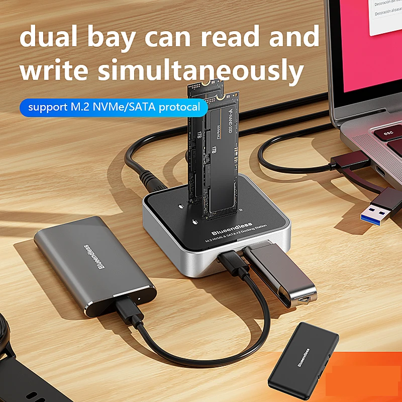 Blueendless Duay-Bay M.2 NVMe / SATA protocol SSD Docking Station with Hub SSD Reader Type C USB3.1 10Gbps external SSD case