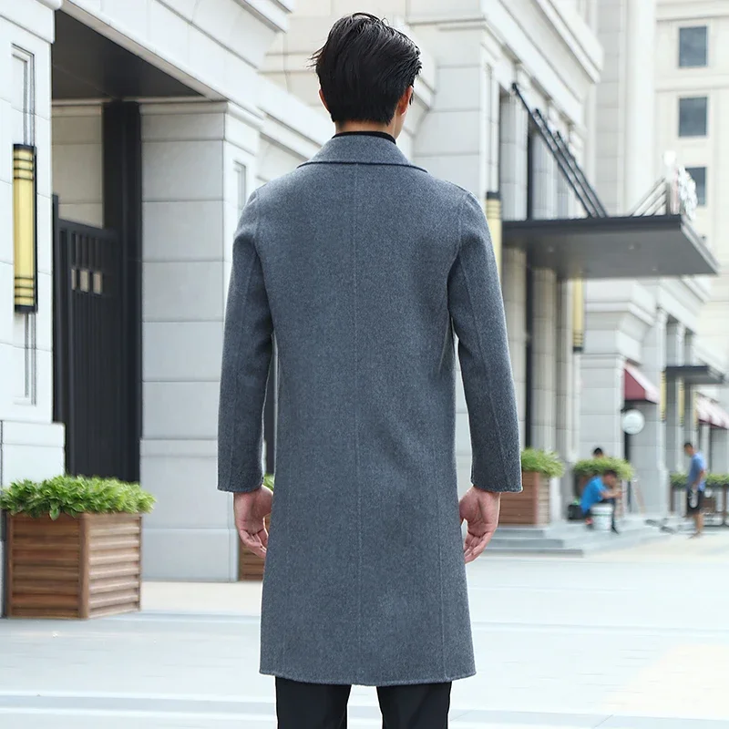 High End Long Men's 100% Pure Wool Suit, Woolen Cardigan Jacket, Autumn/ Winter New Woolen Business Double-sided Cashmere coat