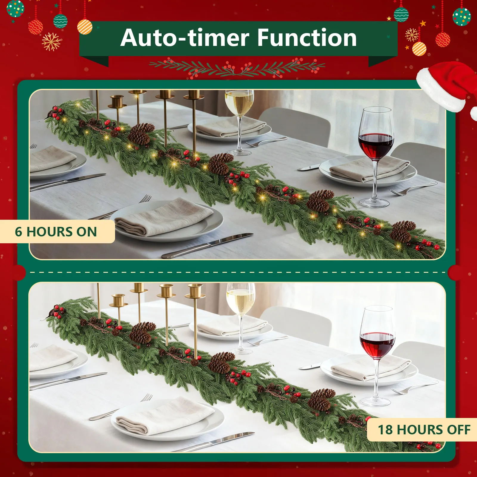 

100 LED, Battery Powered, Indoor/Outdoor, 9FT Garland All-Weather Holiday Decoration for Staircase, Fireplace Mantel, Doorway