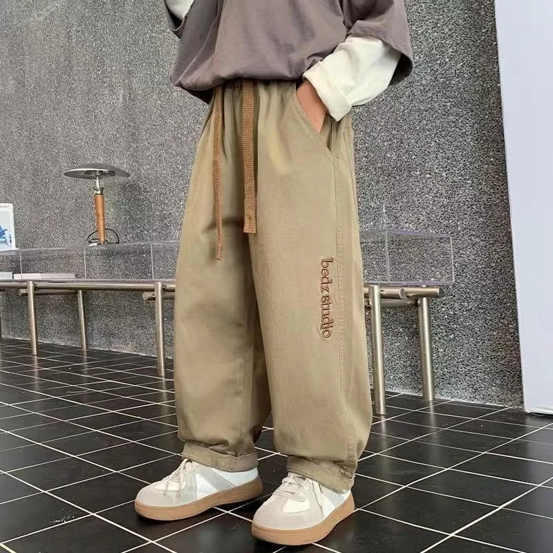 

Boys' Loose Fit Cotton Cargo Pants Khaki Color Spring Autumn Casual Toddler To Big Kids Stylish Trousers