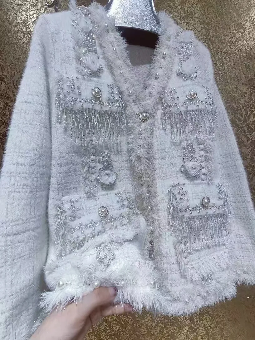 New In Beaded Crystal Tassel Autumn Winter Thick Warm Sweater Coat Women Long Sleeve Single Breasted Knitwear Cardigan Jacket