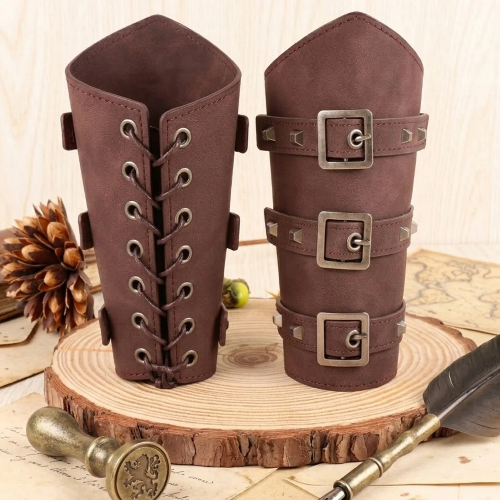 Brazaletes de Caballero Vikingo Medieval con Remaches, Muñequeras Ajustables con Cordones, Ideales para Juegos de Rol (LARP), Disfraces de Halloween y Accesorios de Cosplay