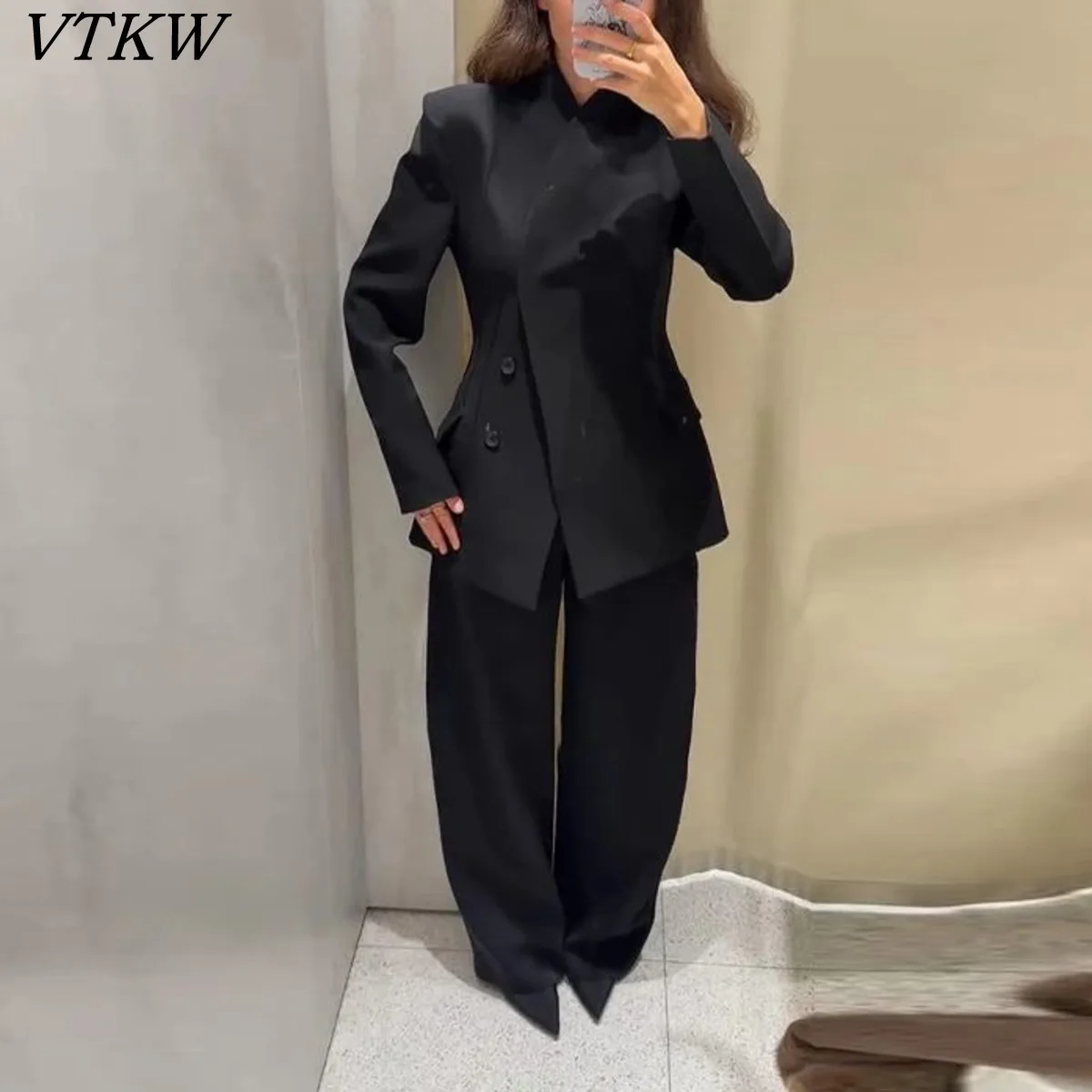 

VTKW Women's Autumn Winter Elegant 2-Piece Set Stand Collar Waist Shaping Blazer & Wide Leg Pants Slimming Office Wear Designer