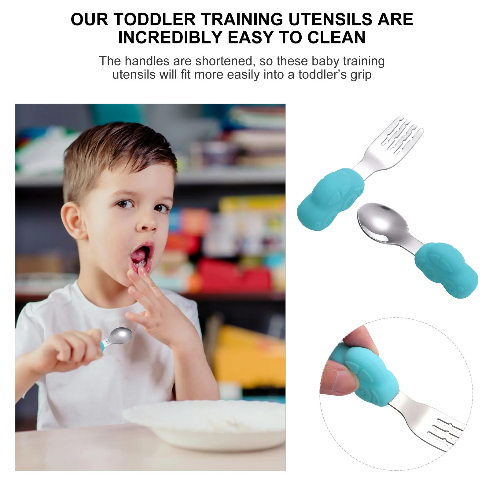 

Набор из 2 предметов: вилка и ложка для малышей, детские тренировочные столовые приборы маленького размера для маленьких рук, пищевая нержавеющая сталь, силикон