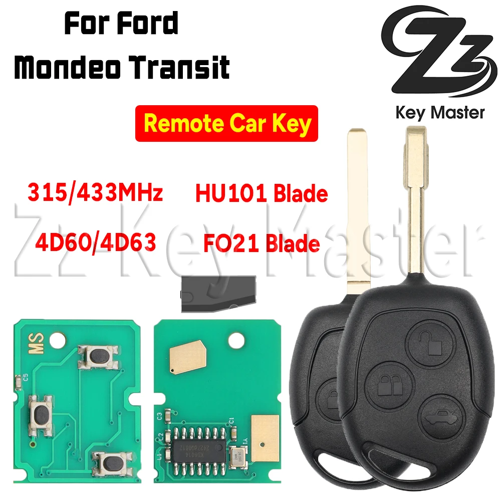 

Zz Key Master Car Remote Key ID 4D60 or 4D63 CHIP 315/433MHz Blade HU101 or FO21 For Mondeo Ford Focus Fusion Fiesta Galaxy