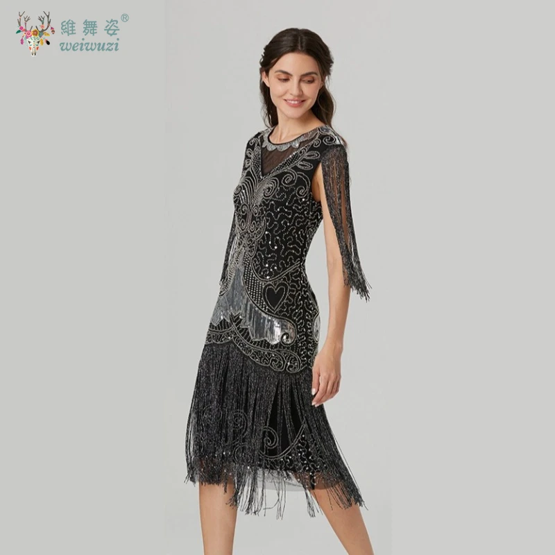 فساتين سهرة أنيقة على الطراز العتيق مطرزة بالترتر والخرز وشرابة بدون أكمام وخصر نحيف