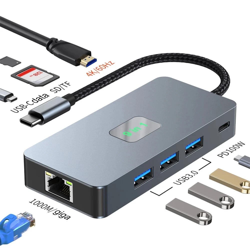 9-in-1 USB-C Adapter with USB 3.0 5Gbps 100W PD Charging RJ45 4KHD SD/TF Slot For Laptop Mac