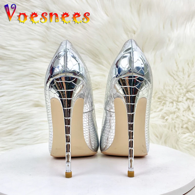 Shiny Silver Women Pumps 8CM 10CM 12CM Fashion Pointed Toe High Heels Elegant Ladies Wedding Bride Shoes Snake Print Stilettos