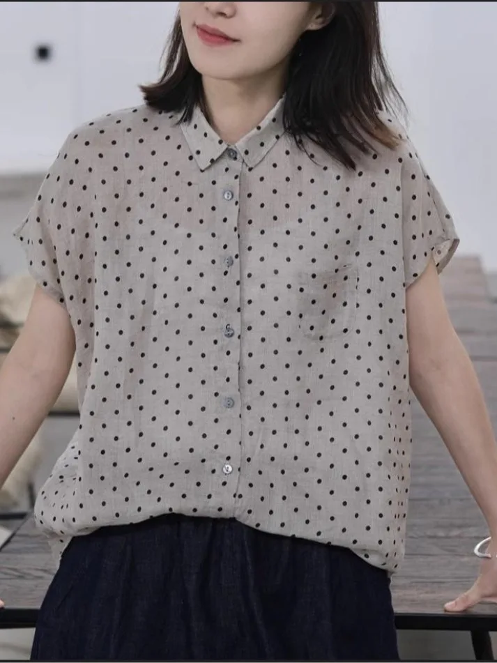 

Artistic Cotton Linen Polka Dot Print Loose Short Sleeve Shirt Women's Summer New Style Versatile Top Casual Fashion Shirt