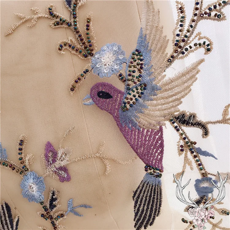 Millet Beads Embroidery Applique, Multicolor Flying Bird Lace Fabric Patch, RS1657