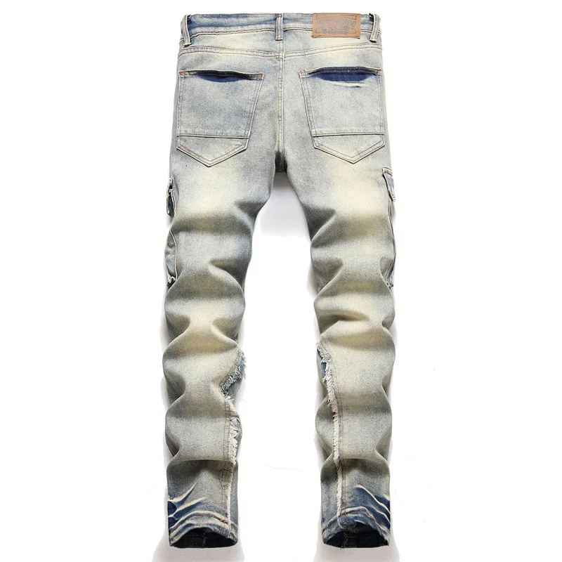 EH·MD Large Pocket Double Button Jeans Men's Panel Pants Worn Holes 3D Cotton Zipper Fit Elastic High Street Soft Youth Gradient