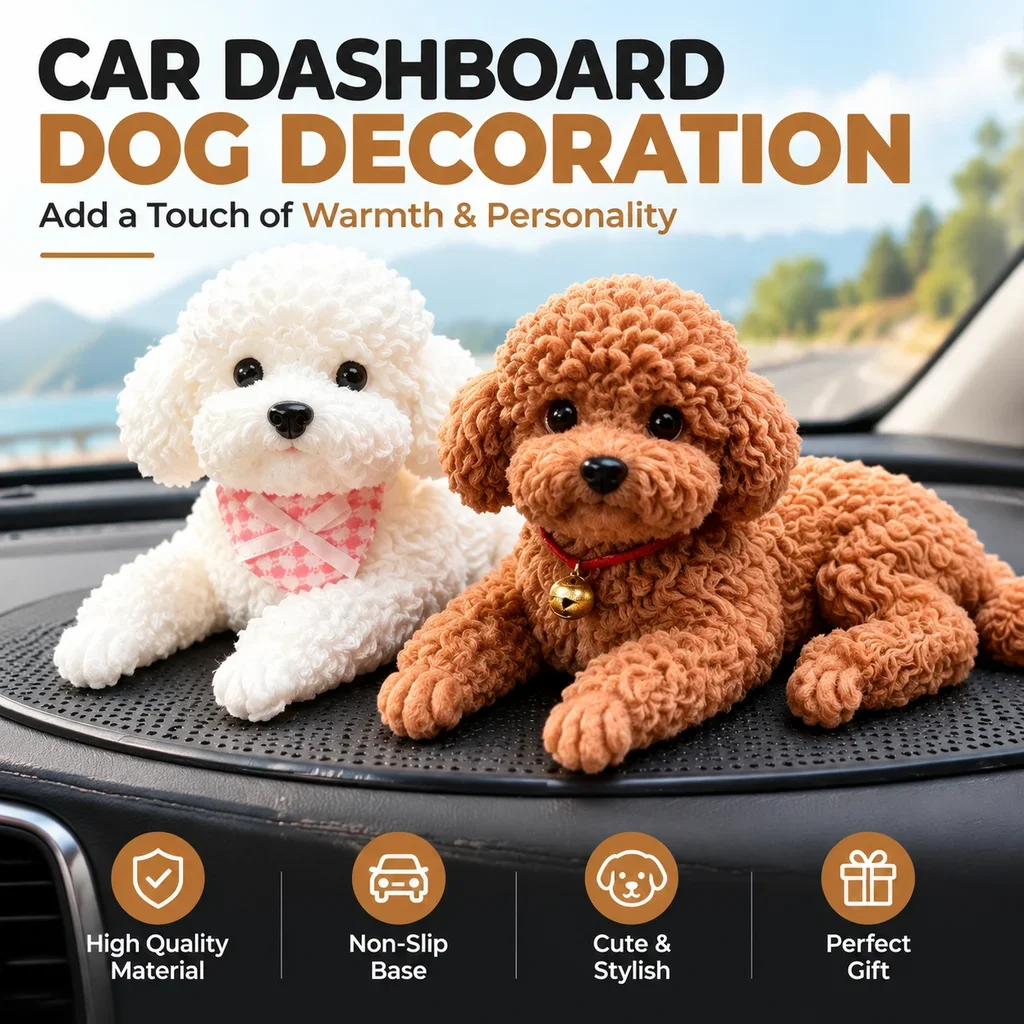 Teddy Poodle Puppy Car Ornament Cute Dog Figurine Auto Dashboard Interior Decoration Car Styling Decor Gift Car Accessories