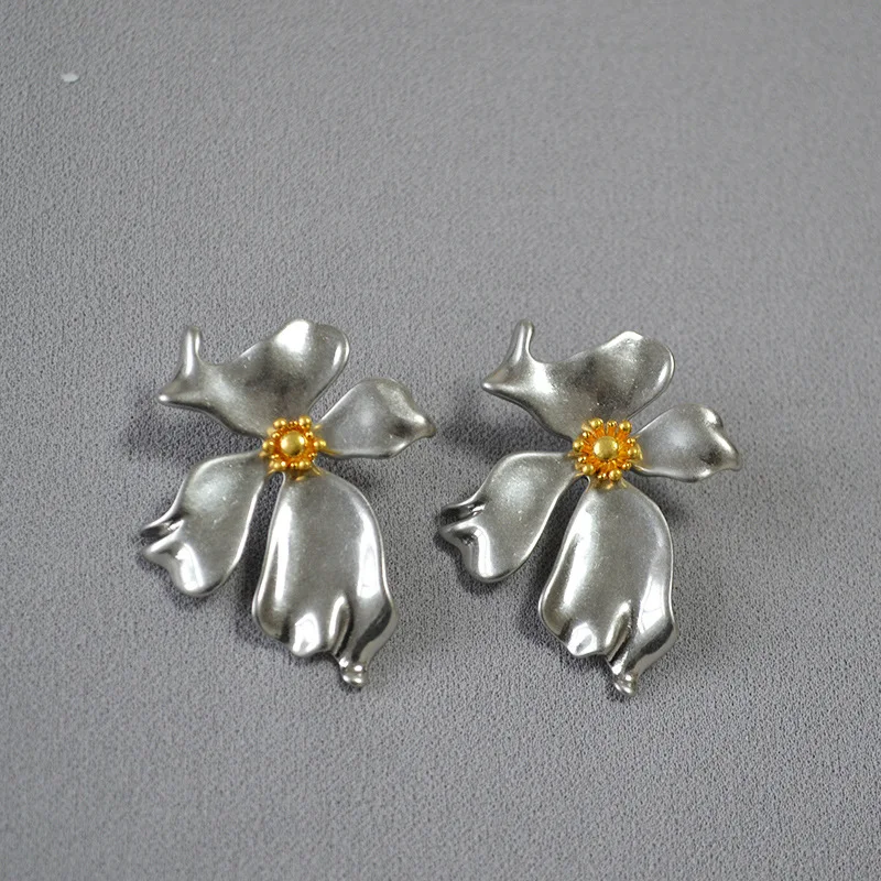 Women big flower petal earrings orchid shape earrings stud with 925 silver pin trendy jewelry