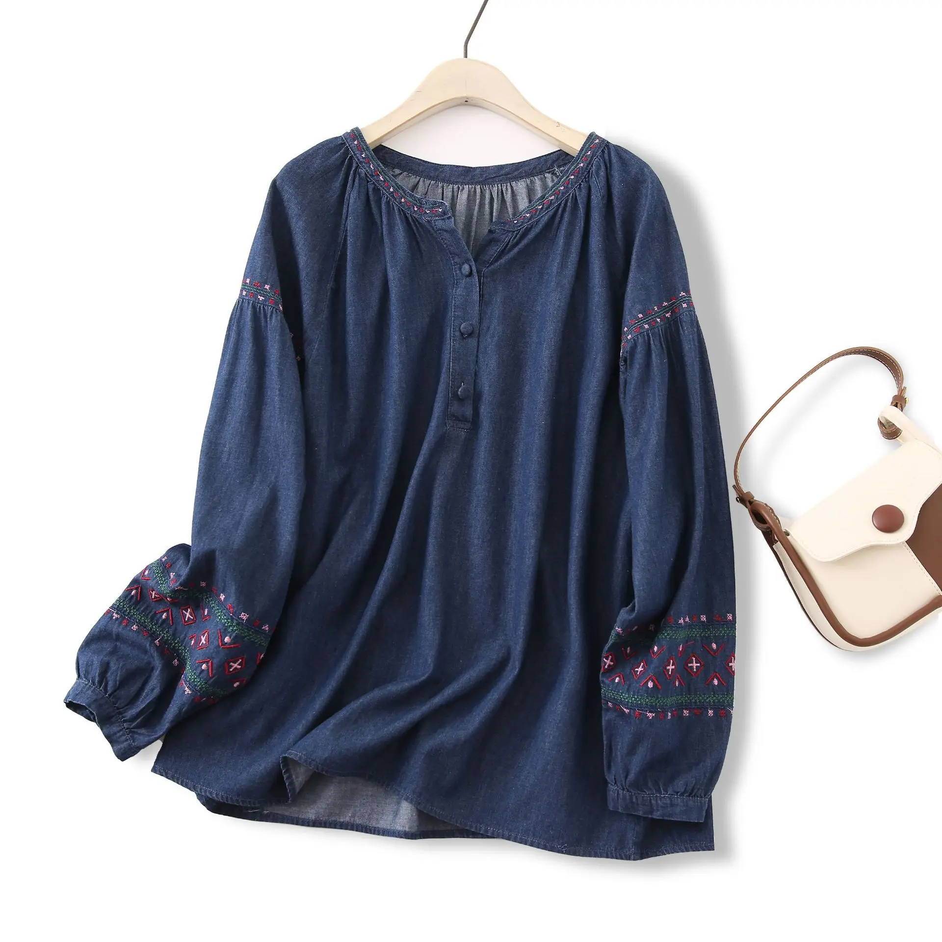 New 2025 Autumn Long Sleeve Denim Shirt, Women O Neck Embroidery Buttons, Mori Girl French Retro Versatile Loose Blouse T59948CC