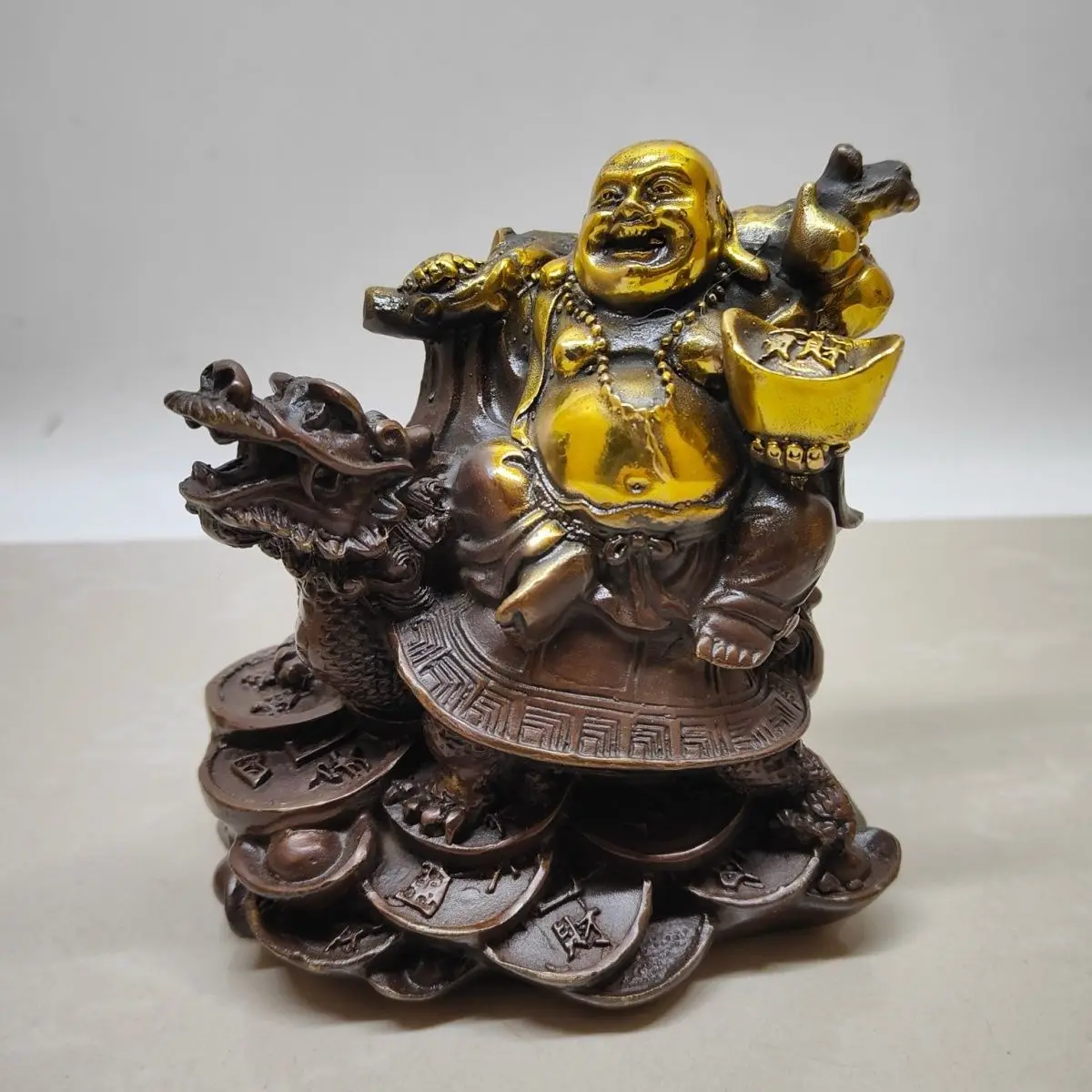 Pure copper Maitreya Buddha Xiaolong Laughing Buddha faucet ornament, a brass copper gilt retro craftsmanship weighing about 750