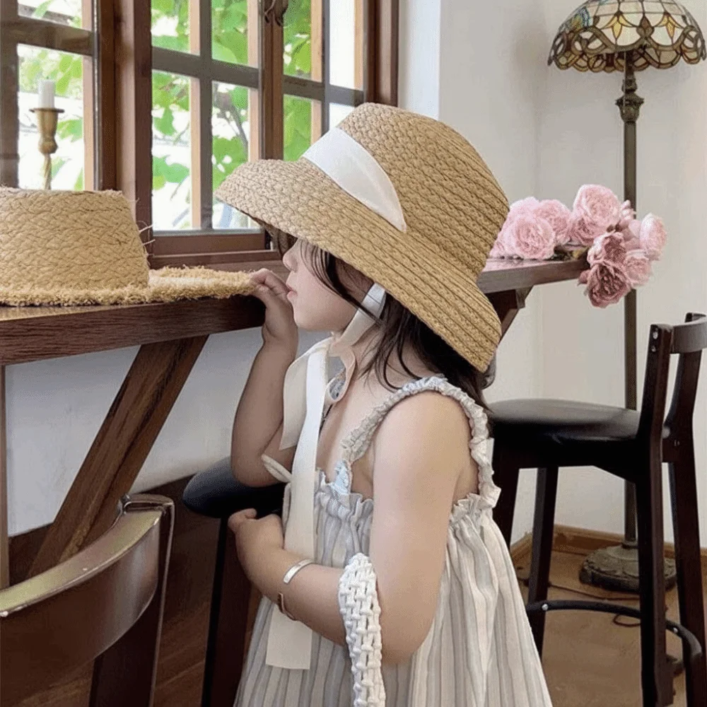 

Large Brim Children Straw Hat with Windproof Rope Rounded Toddler Beach Hat with Lace Breathable Sunshade Straw Cap Daily