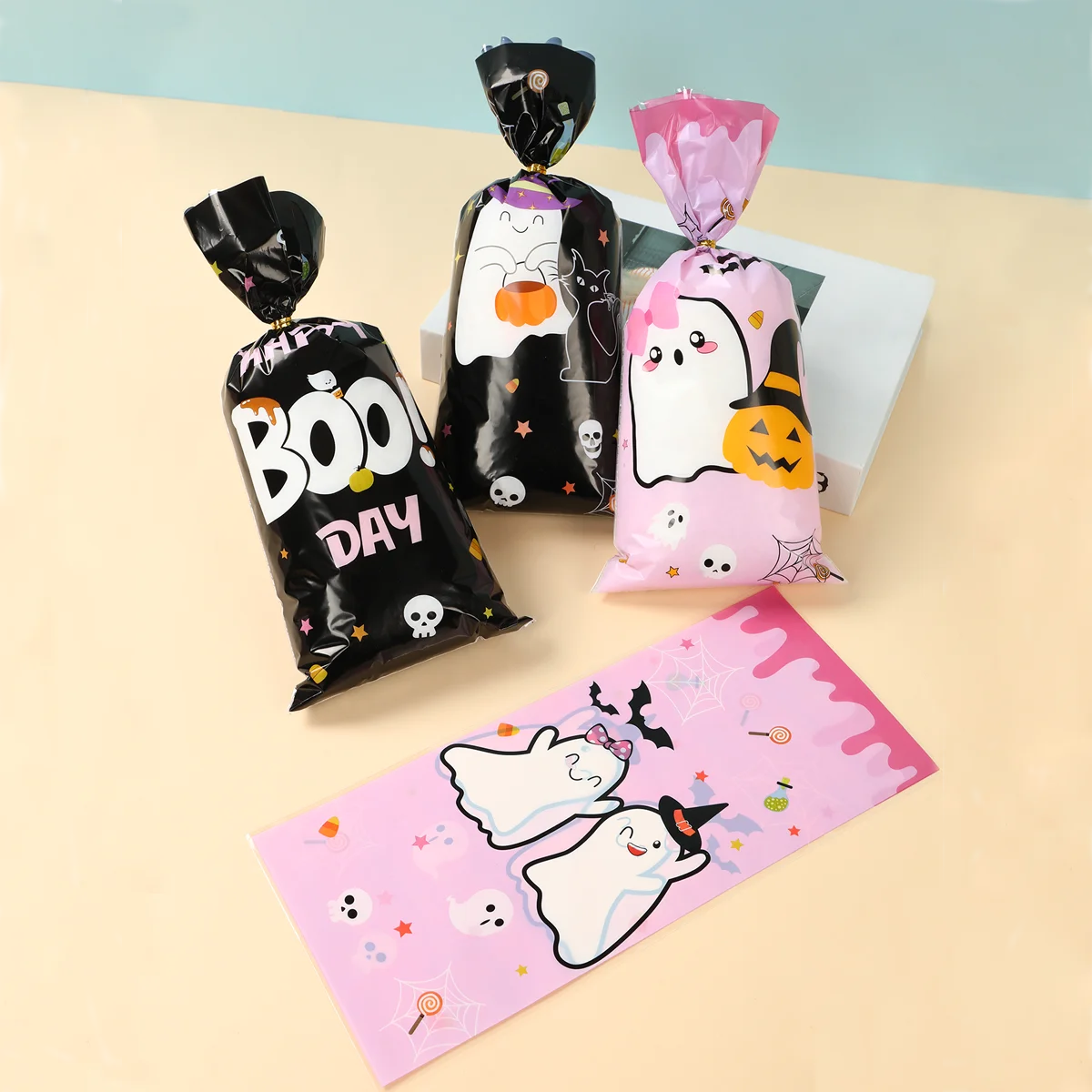 Pink Halloween Candy Bag Pumpkin Skull Bat Plastic Bags Happy Halloween Party Supplies Cookie Packaging Halloween Party Decors