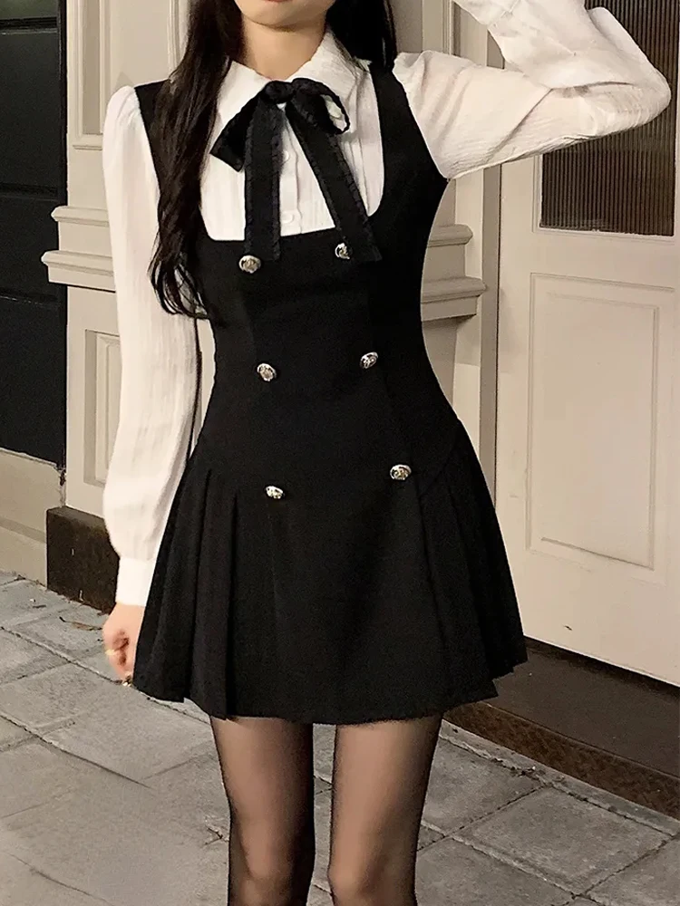 

Preppy Style Mini Dresses Women Black Vintage Chic Fake Two Pieces Dress Ladies Korean Fashion Long Sleeve Short Dress Vestidos