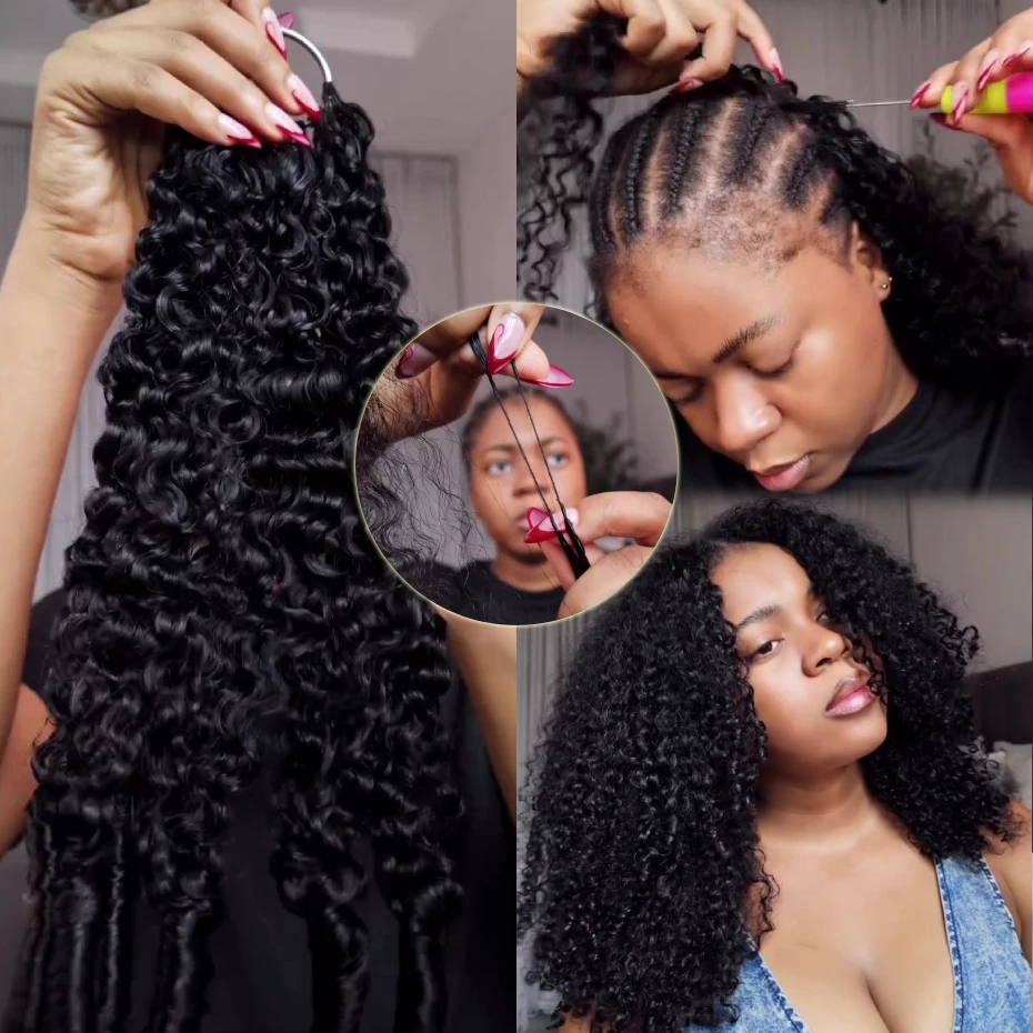 100% Human Hair Feather Crochet Pre Looped Invisible Miracle Knots Burmese Curly Hair Feathered Crochet Human Hair 1B Natural Colored Pre Braided Deep Wave Curly Hair Weave Bundles Remy Human Hair Extensions 18 20 22 24 Inch Free Shipping