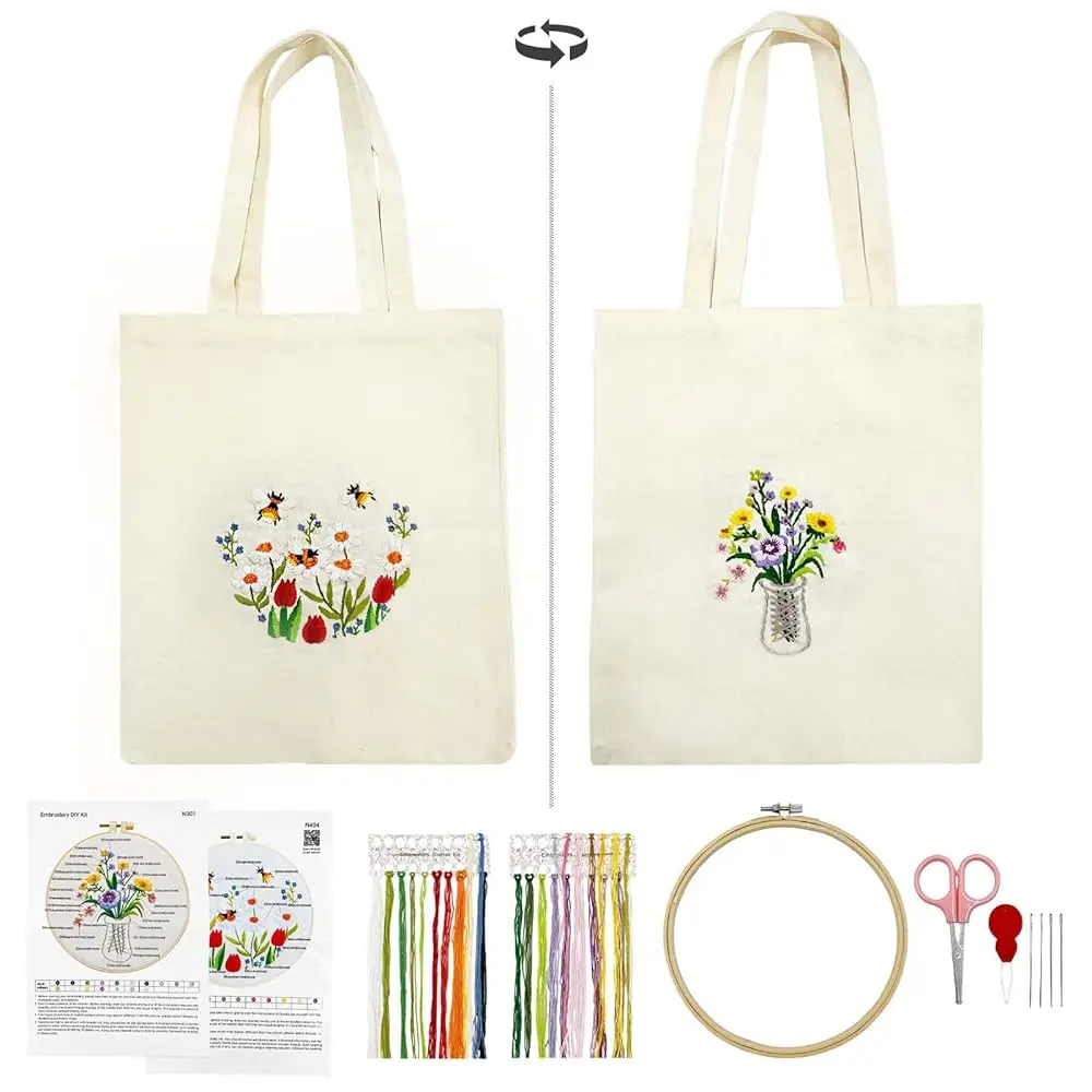 

Double-Sided Embroidery Tote Bag Kit for Beginners, Reversible Floral and Bee & Vase Design, Complete Cross Stitch Supplies