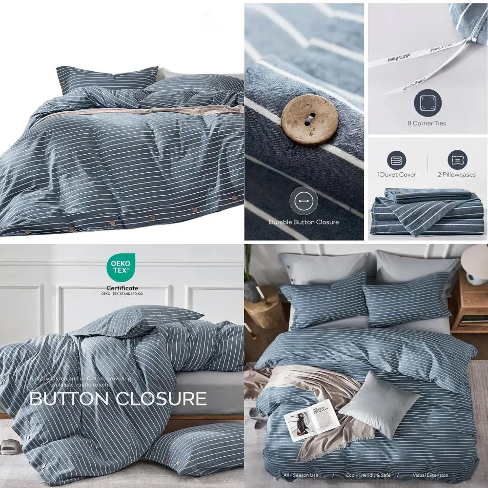 

Комплект постельного белья из 100% хлопка синего цвета с полосатым узором, размер Queen, с 2 наволочками, дышащий и мягкий