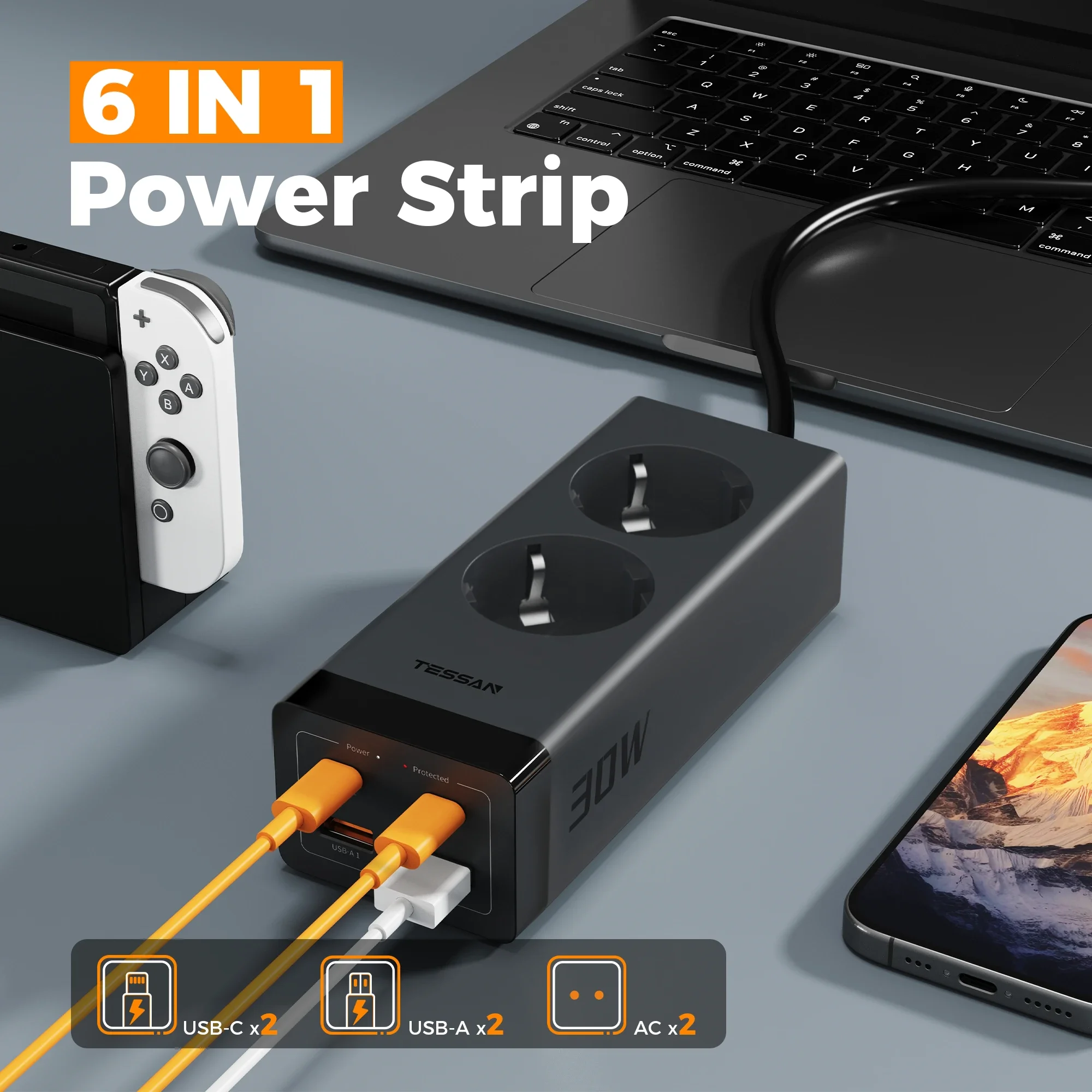 TESSAN 30W GaN Multiple Socket Power Strip with 2 Outlets +2 USB +2 Type C, Cube Socket with 2M Extension Cord Surge Protection