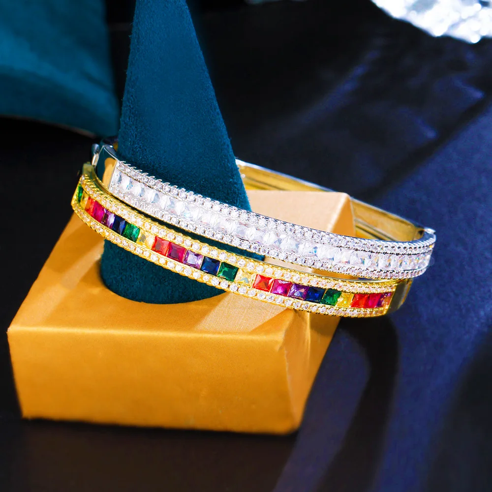Pera Excellent Quality Colorful Cubic Zircon Big Open Cuff Hand Jewelry Bridal Wedding Bangles for Women Party Accessories Z080