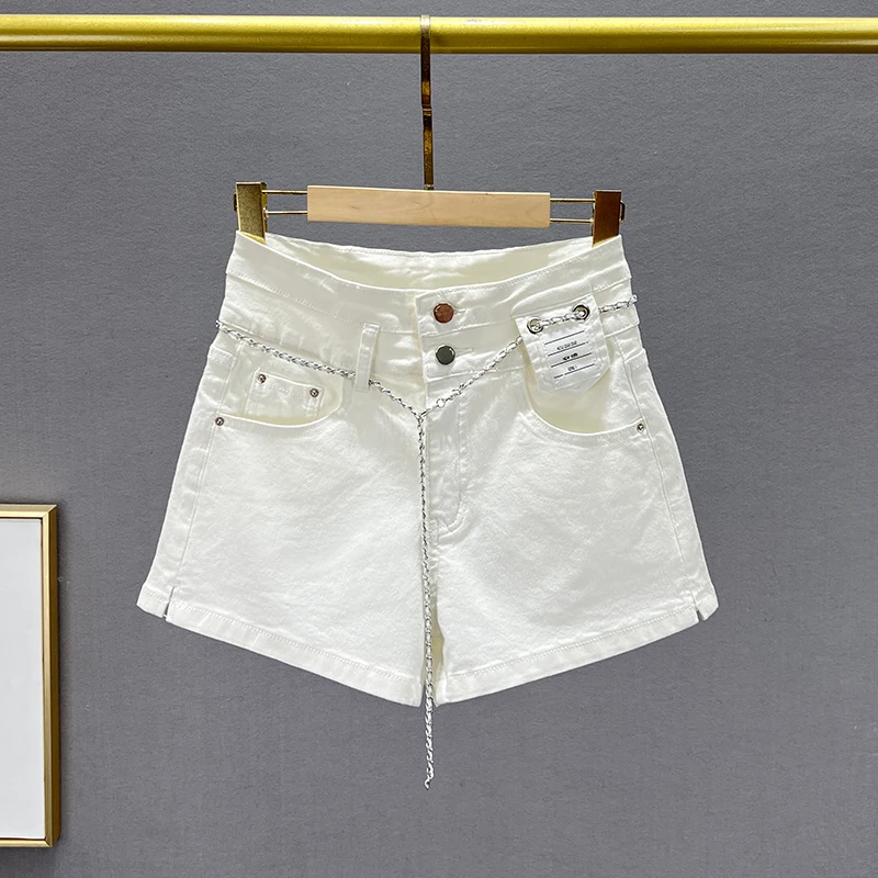

White High Waist Elastic Denim Shorts Women's Summer Fashion Slim A-Line Wide Leg Hot Pants Cotton Stretch Jeans High Waist S...