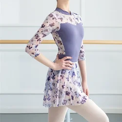 Vestido de baile y gimnasia con estampado para mujer adulta, traje corporal para entrenamiento de examen de arte, leotardos de manga media, uniforme de práctica de Ballet